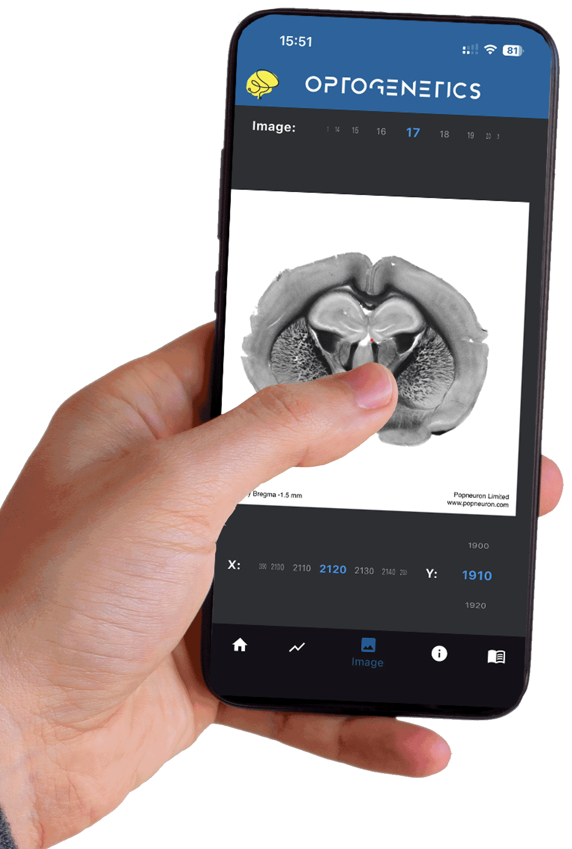 Isolated_left_hand_holding_smartphone- using the Optogentics Pro APP